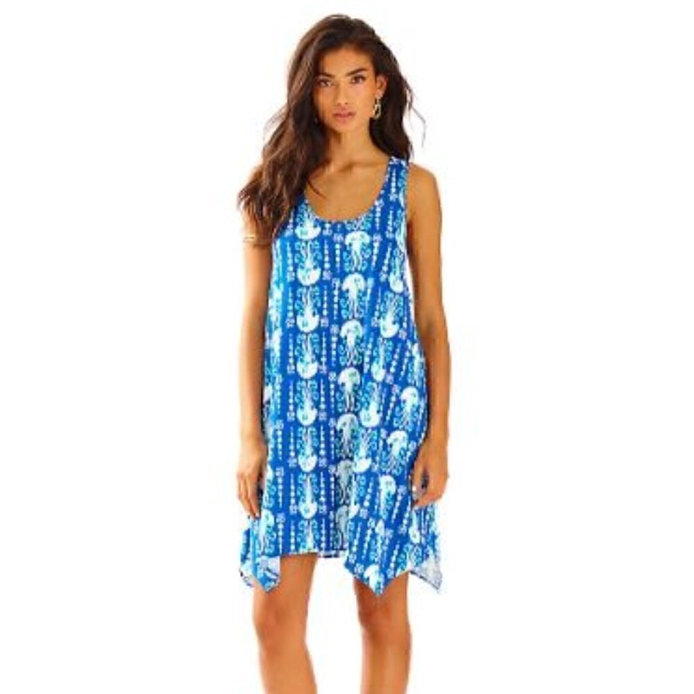 Lilly Pulitzer Melle Indigo Get In Line Trapeze 100% Cotton Jersey Tank Dress
